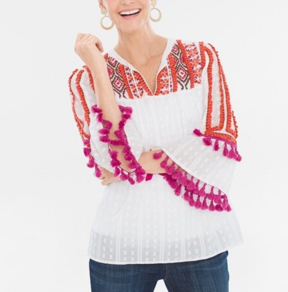 Chicos Womens Size 1 Medium White Peasant Swiss Dotl Embroidered Tassled Blouse